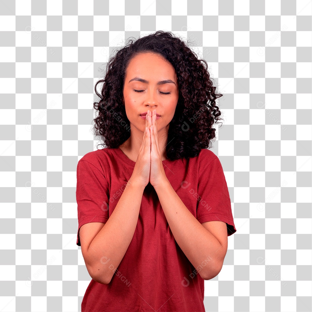 Mulher morena com as mão juntas sinal de oração PNG Transparente