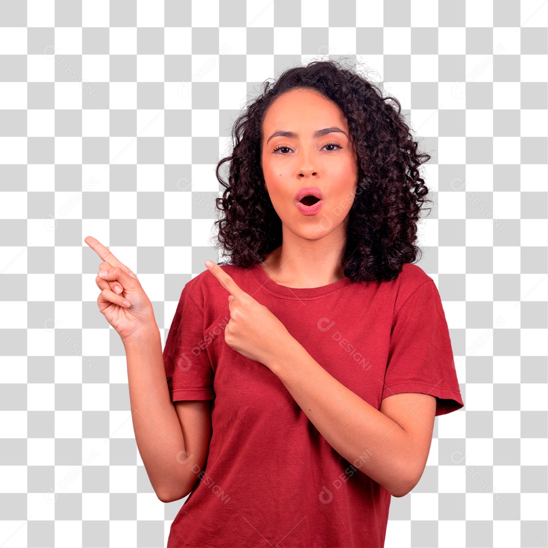 Mulher morena de blusa vermelha apontando para o lado
