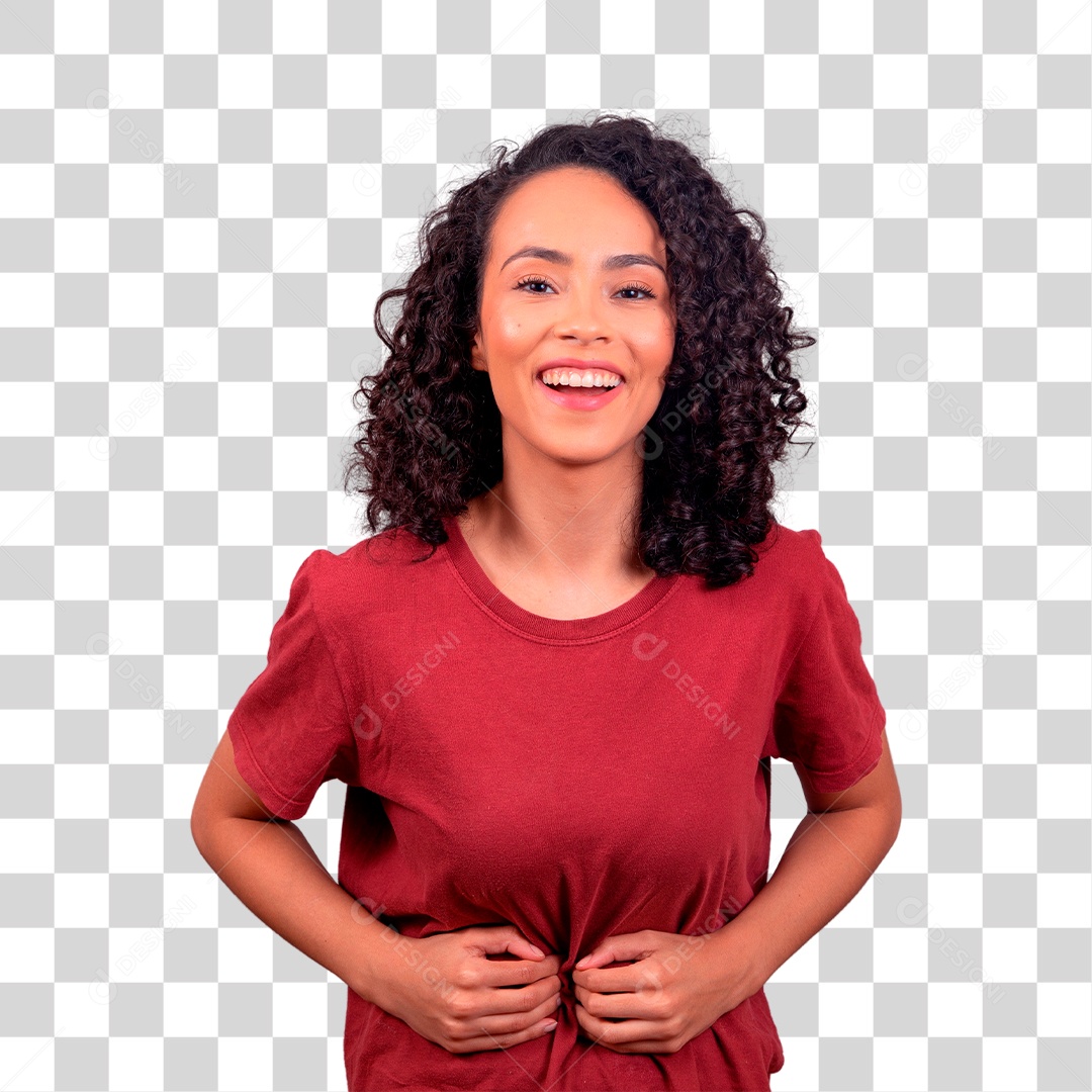 Mulher morena sentindo fortes dores na barriga PNG Transparente