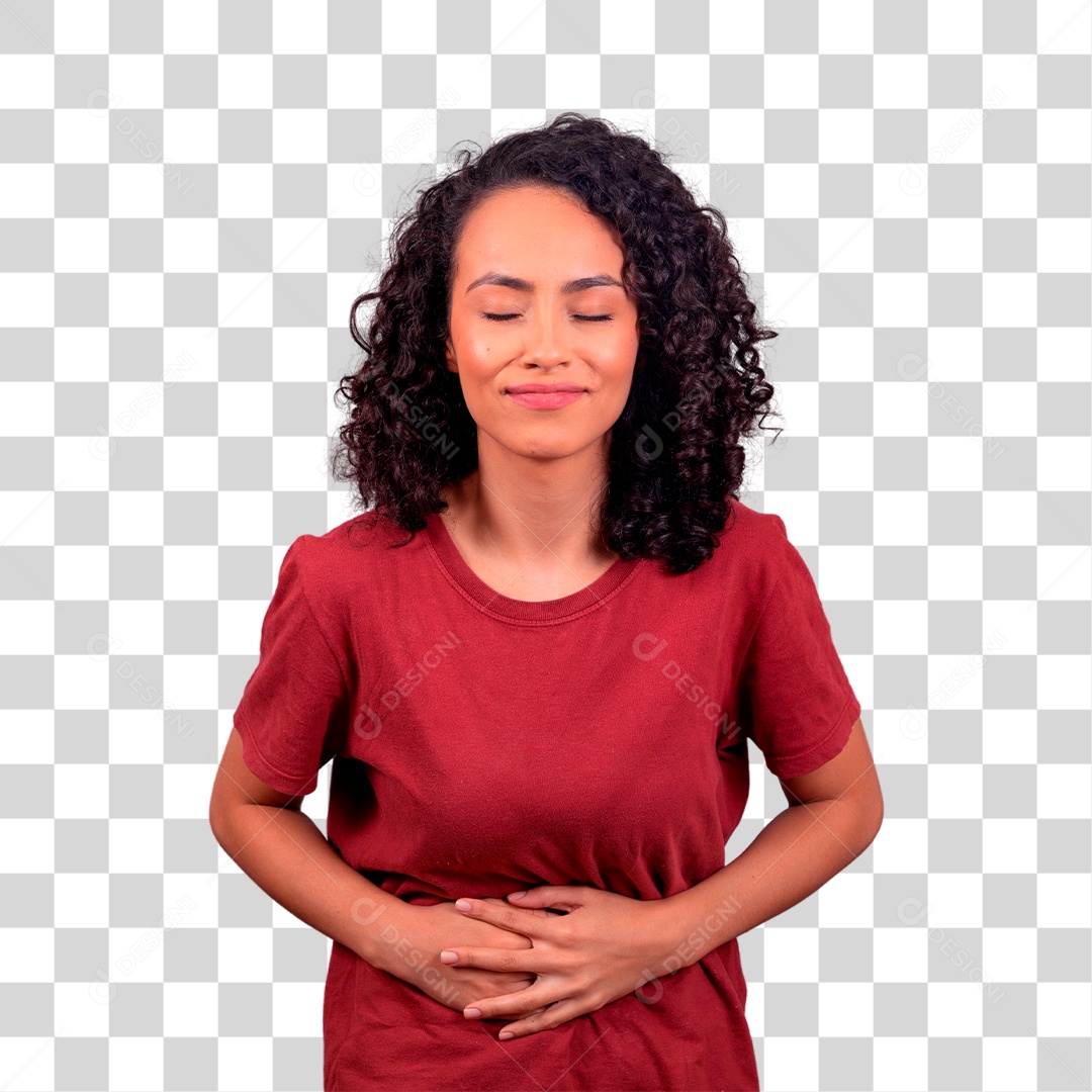 Mulher morena sentindo fortes dores na barriga PNG Transparente