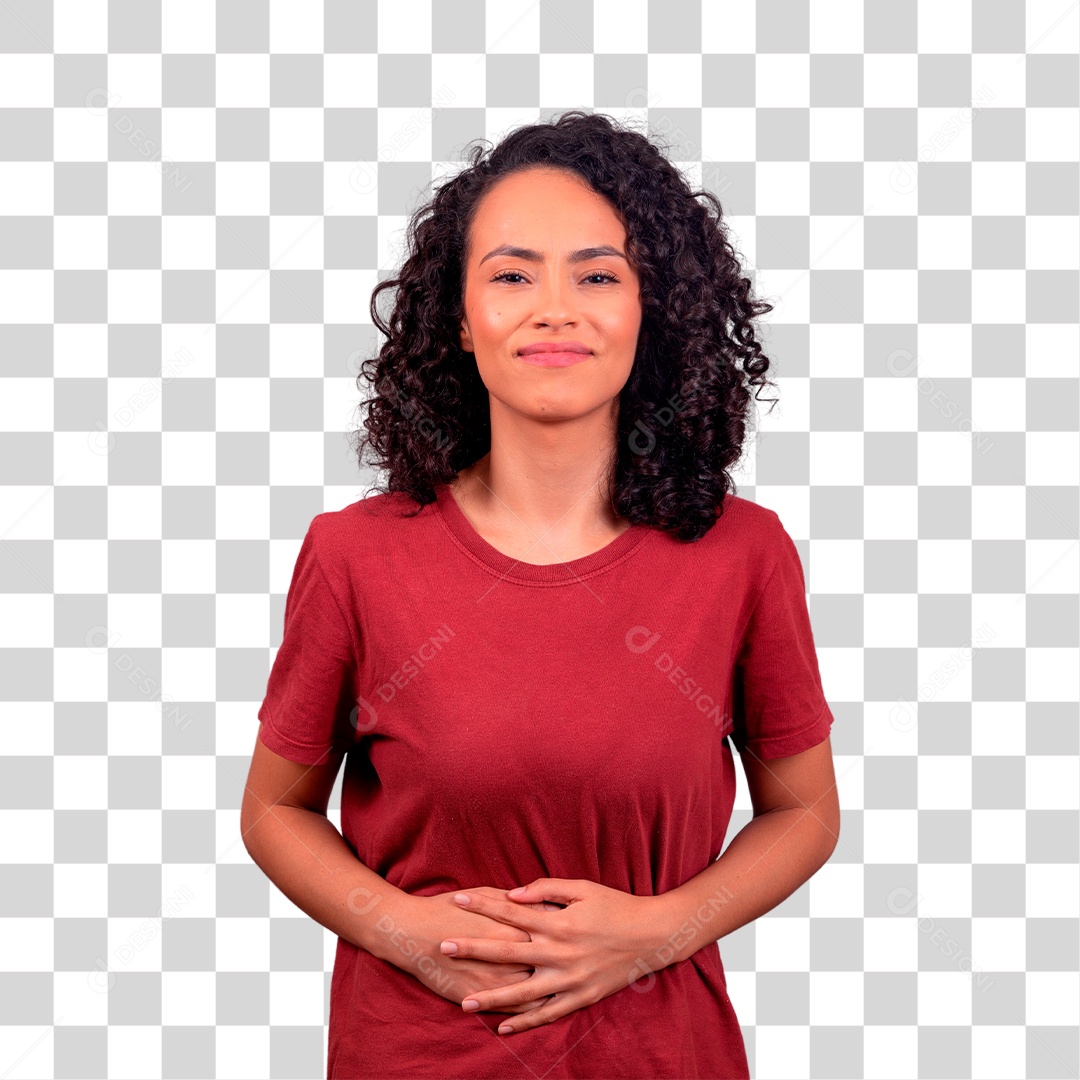 Mulher morena sentindo fortes dores na barriga PNG Transparente