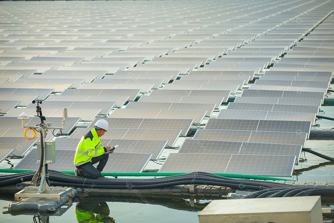 Retrato de engenheiro profissional trabalhando verificando o painel solar