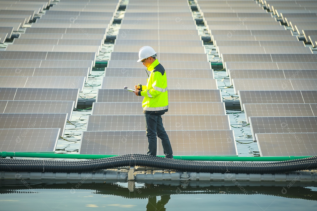 Retrato de engenheiro profissional trabalhando verificando o painel solar