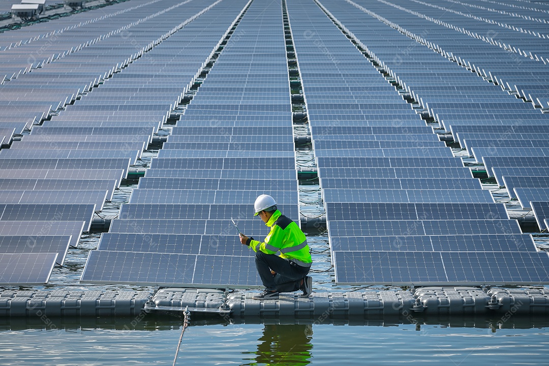 Retrato de engenheiro profissional trabalhando verificando o painel solar