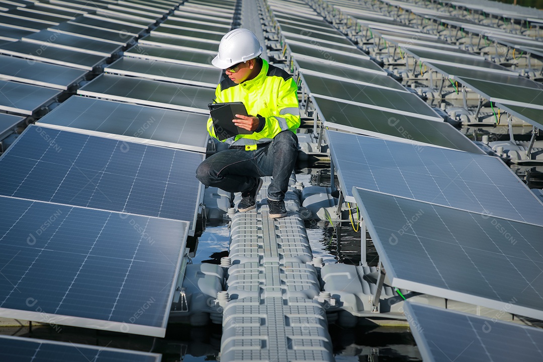 Retrato de engenheiro profissional trabalhando verificando o painel solar