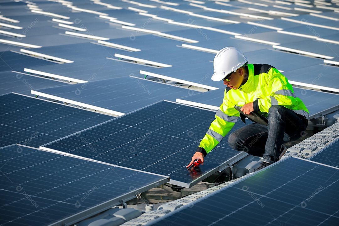 Retrato de engenheiro profissional trabalhando verificando o painel solar