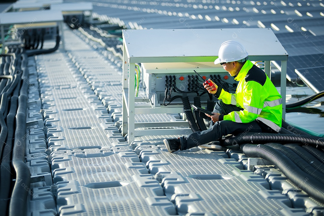 Retrato de engenheiro profissional trabalhando verificando o painel solar