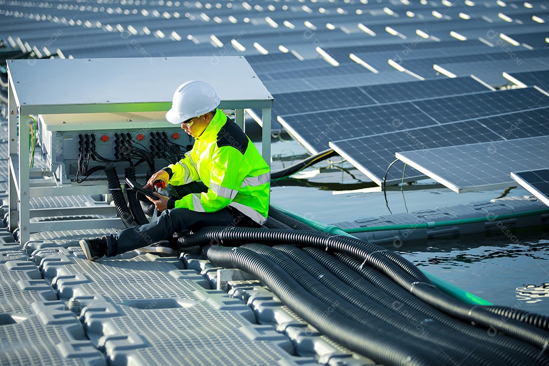 Retrato de engenheiro profissional trabalhando verificando o painel solar