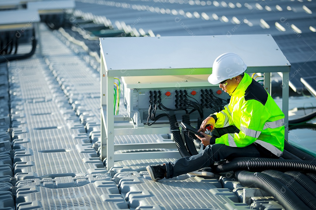 Retrato de engenheiro profissional trabalhando verificando o painel solar