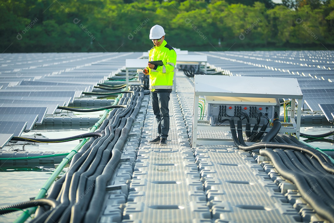 Retrato de engenheiro profissional trabalhando verificando o painel solar