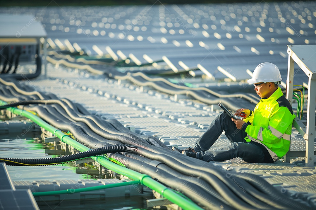 Retrato de engenheiro profissional trabalhando verificando o painel solar