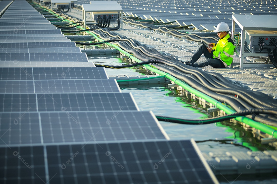 Retrato de engenheiro profissional trabalhando verificando o painel solar