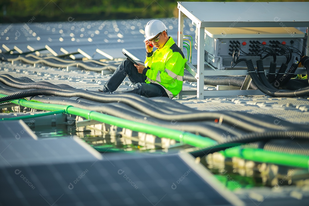 Retrato de engenheiro profissional trabalhando verificando o painel solar