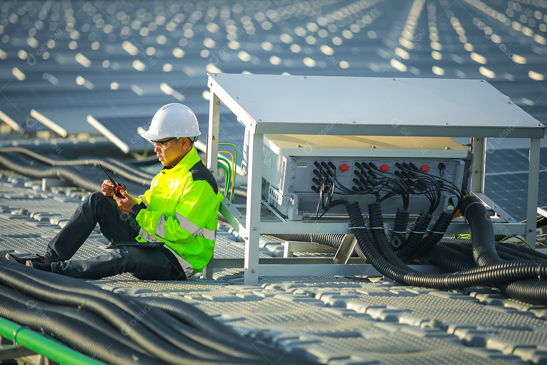 Retrato de engenheiro profissional trabalhando verificando o painel solar