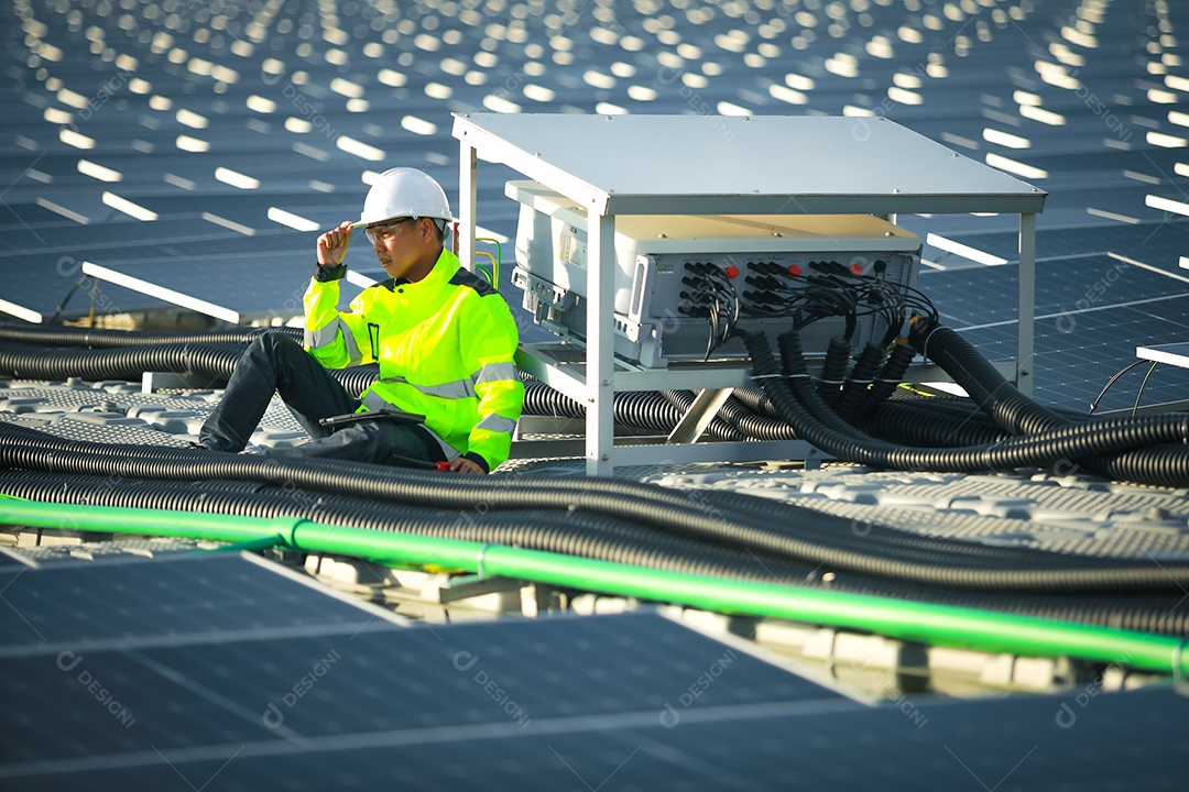 Retrato de engenheiro profissional trabalhando verificando o painel solar