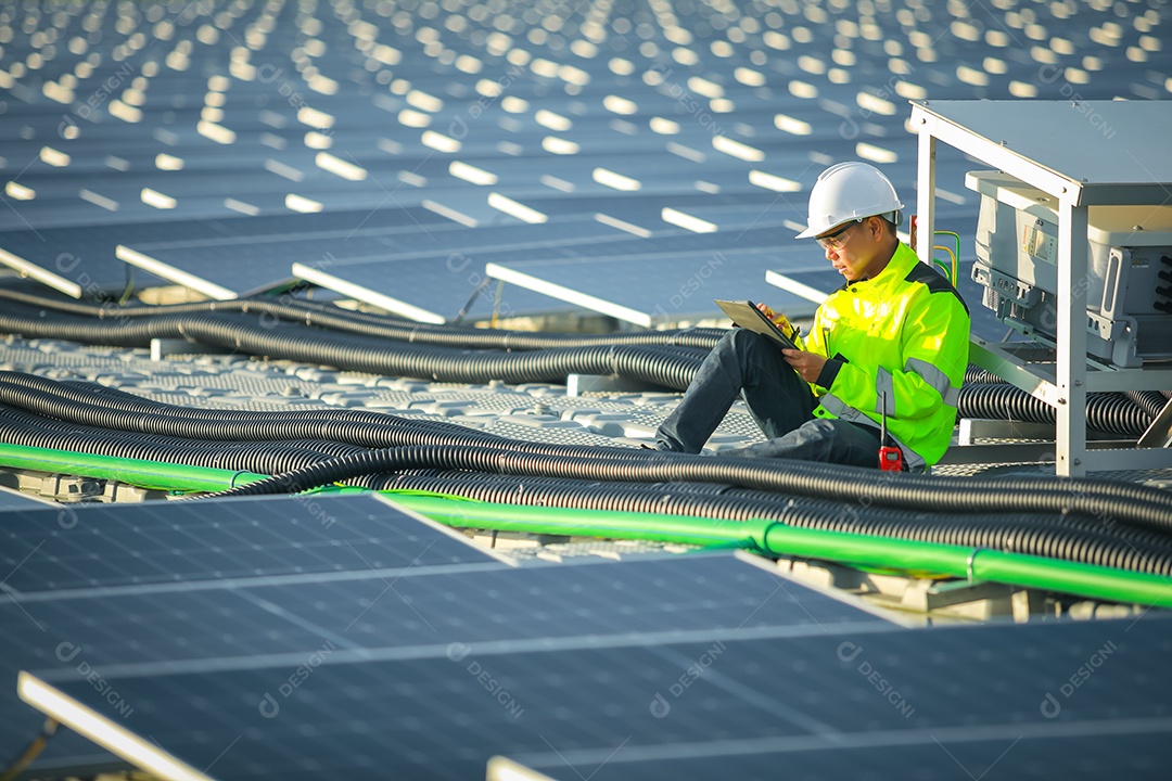 Retrato de engenheiro profissional trabalhando verificando o painel solar