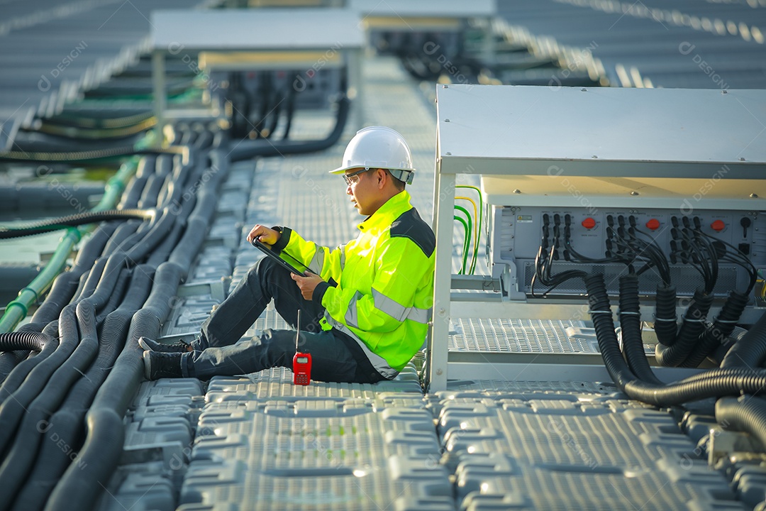 Retrato de engenheiro profissional trabalhando verificando o painel solar
