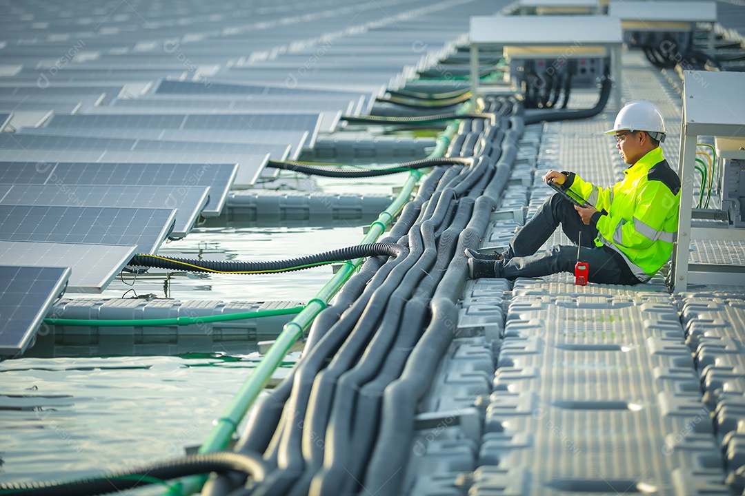 Retrato de engenheiro profissional trabalhando verificando o painel solar