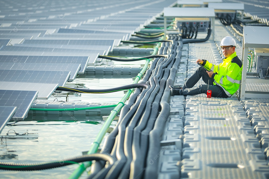 Retrato de engenheiro profissional trabalhando verificando o painel solar
