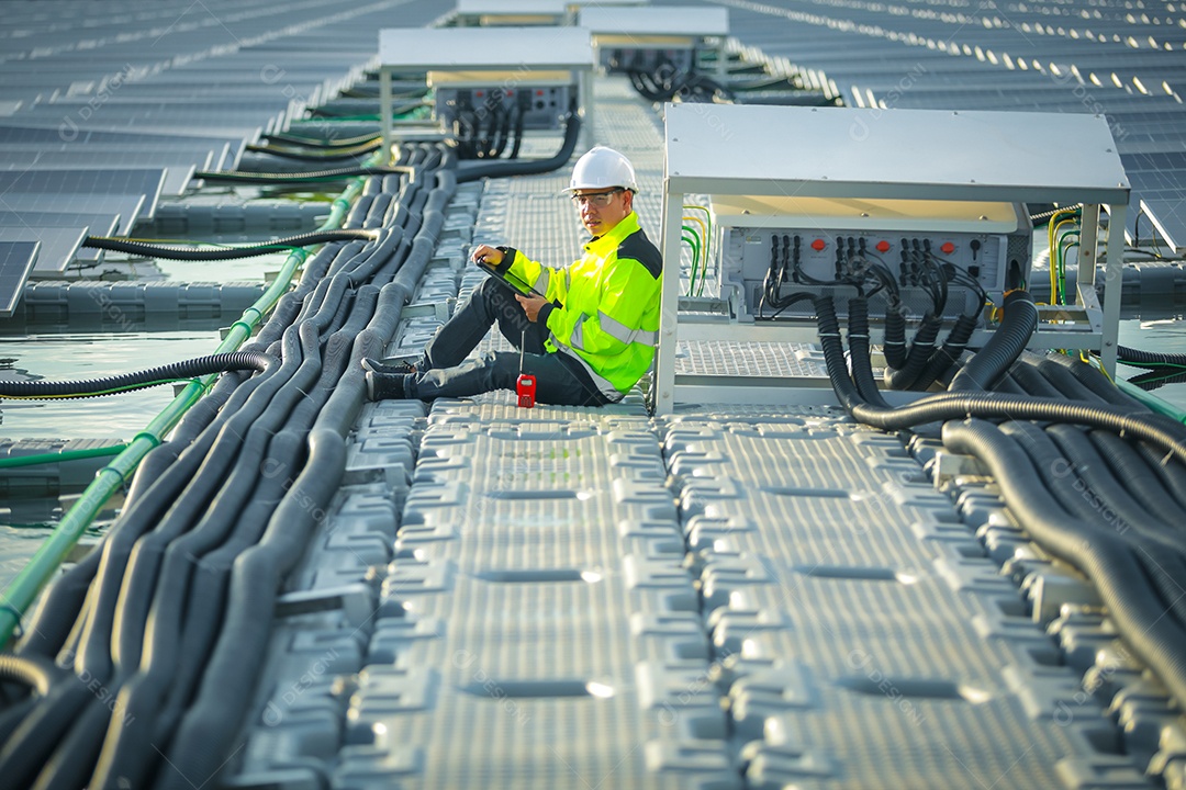 Retrato de engenheiro profissional trabalhando verificando o painel solar