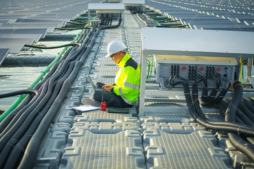 Retrato de engenheiro profissional trabalhando verificando o painel solar