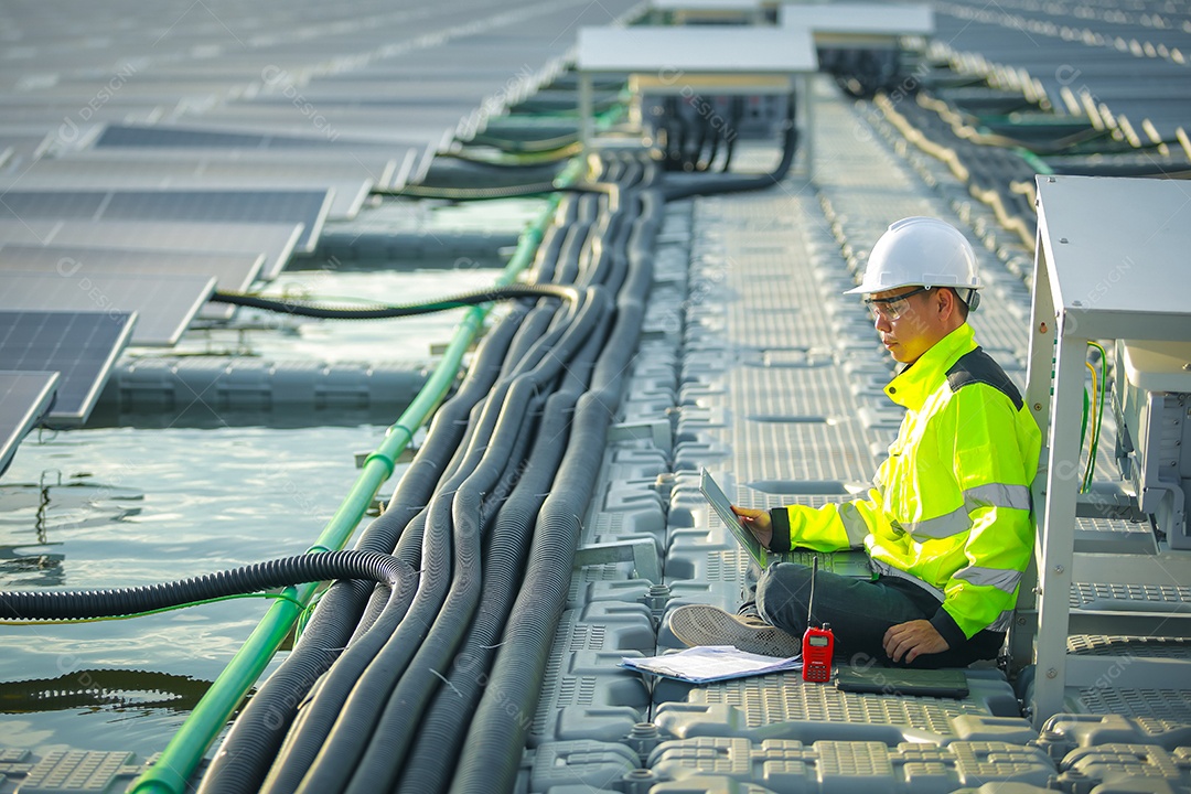 Retrato de engenheiro profissional trabalhando verificando o painel solar