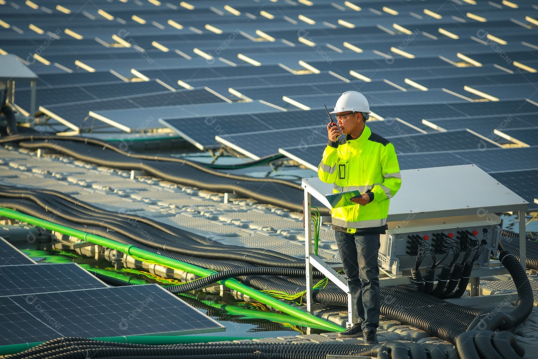 Retrato de engenheiro profissional trabalhando verificando o painel solar