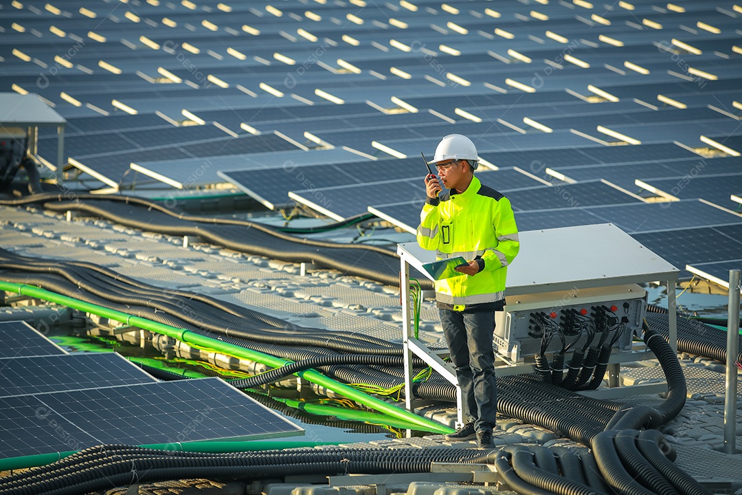 Retrato de engenheiro profissional trabalhando verificando o painel solar