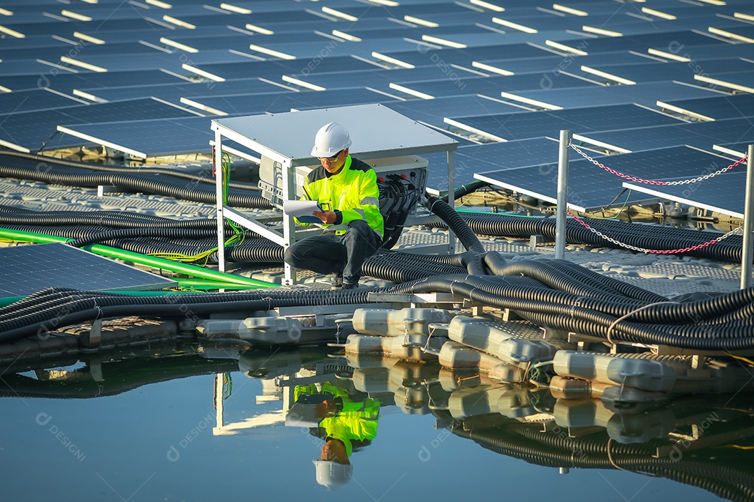 Retrato de engenheiro profissional trabalhando verificando o painel solar