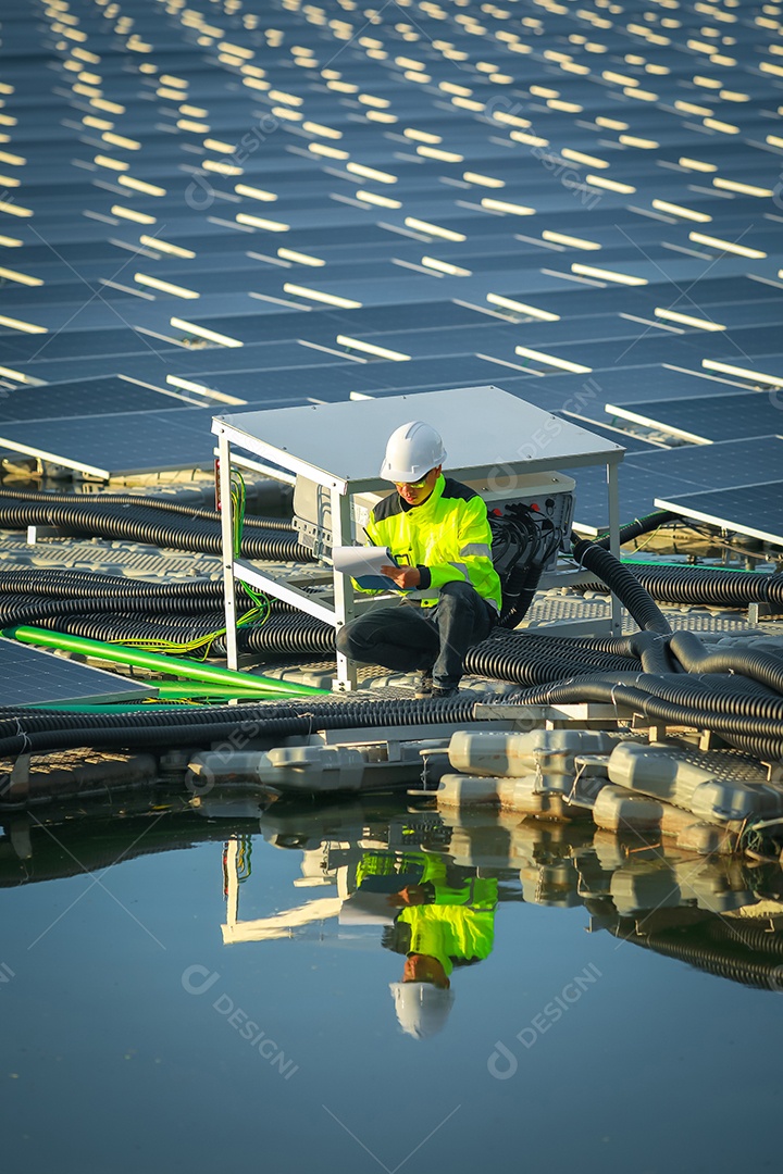 Retrato de engenheiro profissional trabalhando verificando o painel solar
