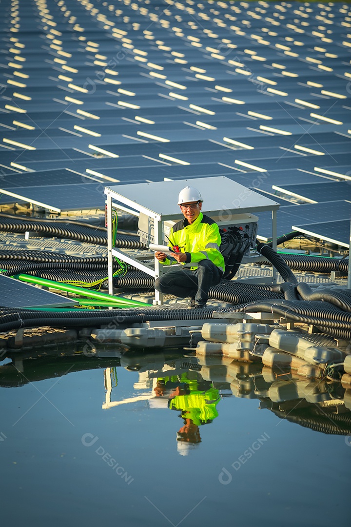 Retrato de engenheiro profissional trabalhando verificando o painel solar