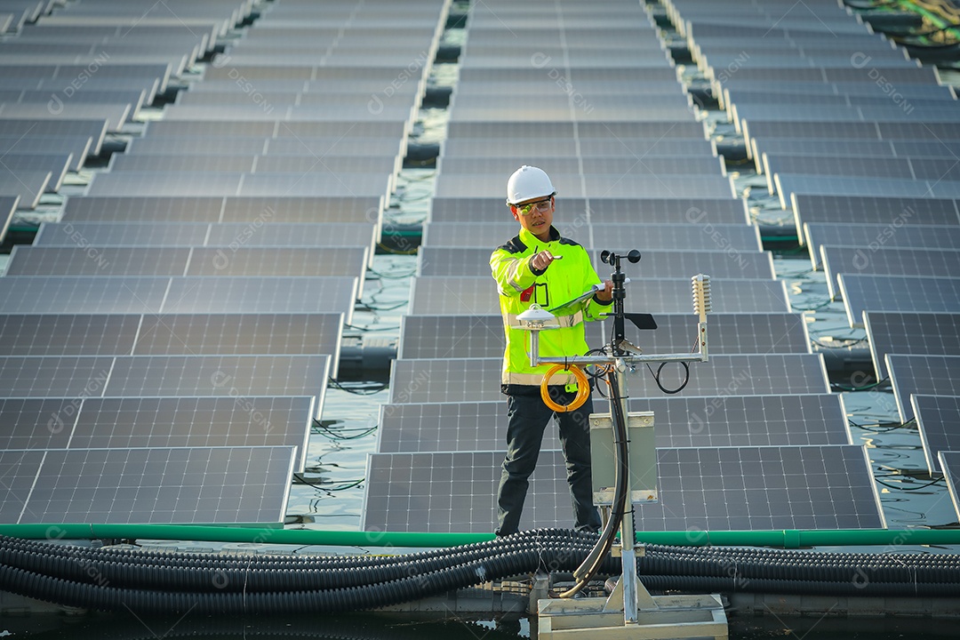 Retrato de engenheiro profissional trabalhando verificando o painel solar