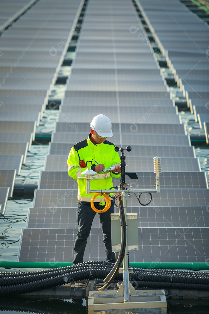 Retrato de engenheiro profissional trabalhando verificando o painel solar