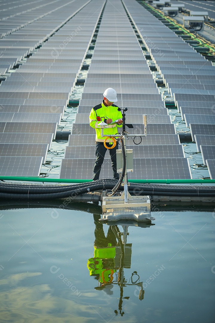 Retrato de engenheiro profissional trabalhando verificando o painel solar