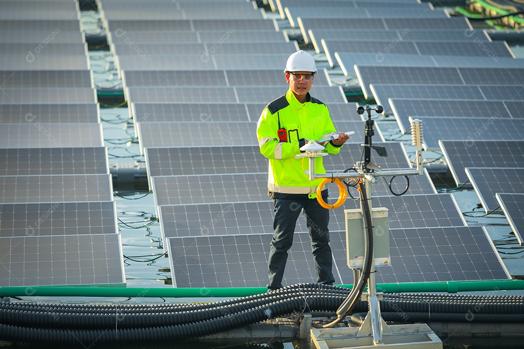 Retrato de engenheiro profissional trabalhando verificando o painel solar