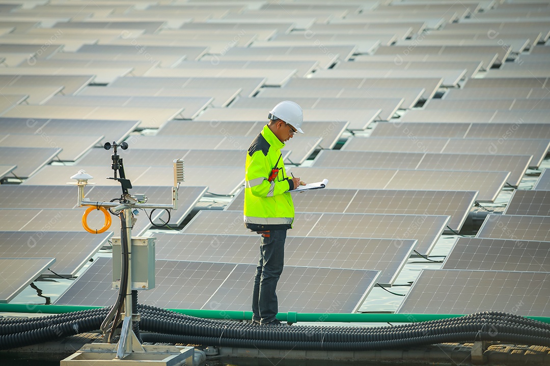 Retrato de engenheiro profissional trabalhando verificando o painel solar