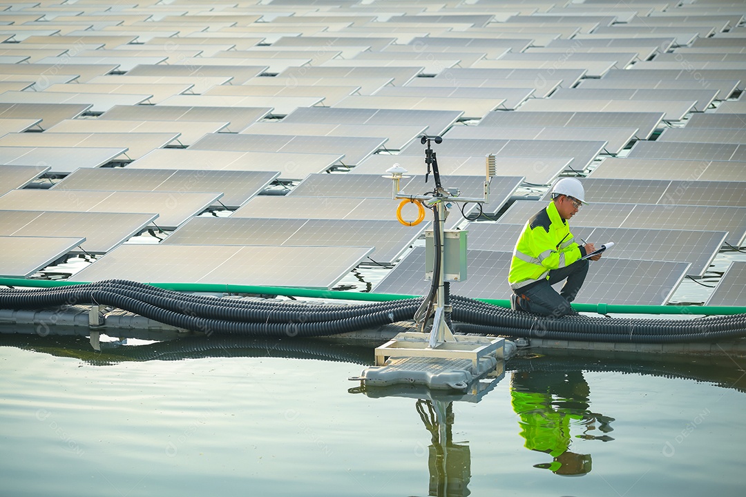 Retrato de engenheiro profissional trabalhando verificando o painel solar