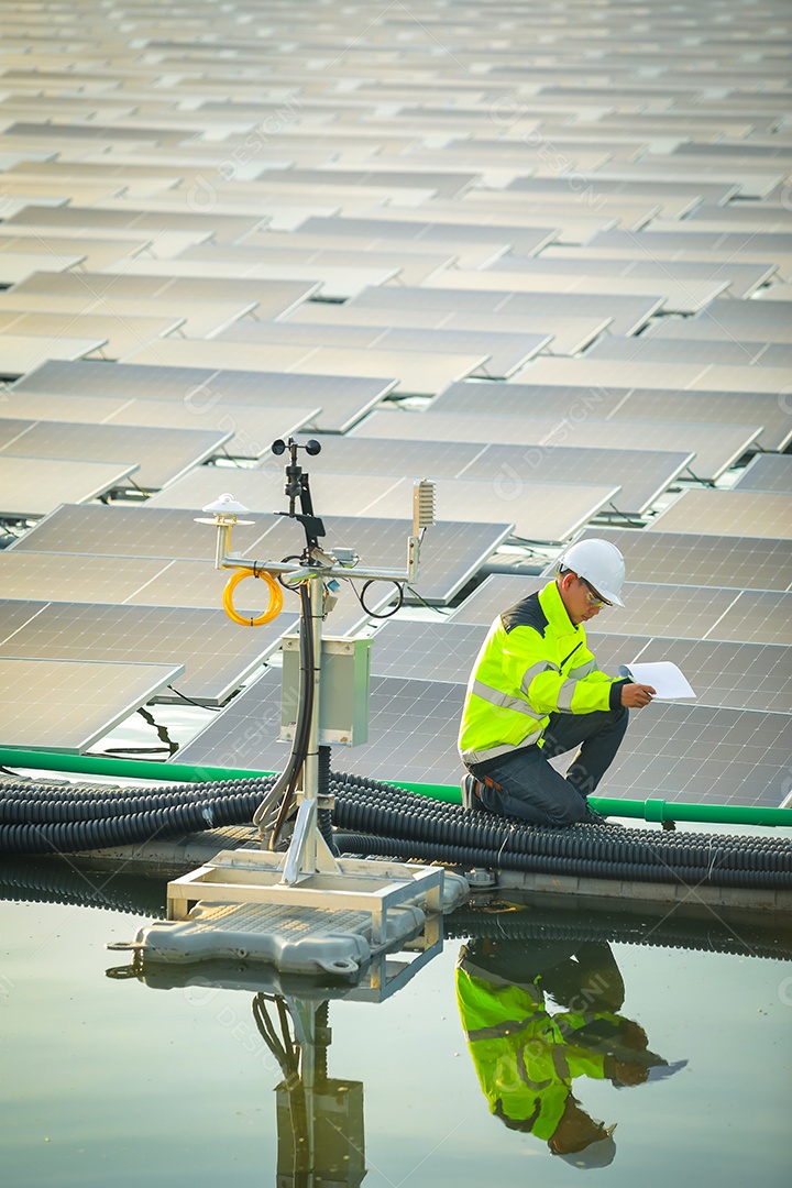 Retrato de engenheiro profissional trabalhando verificando o painel solar