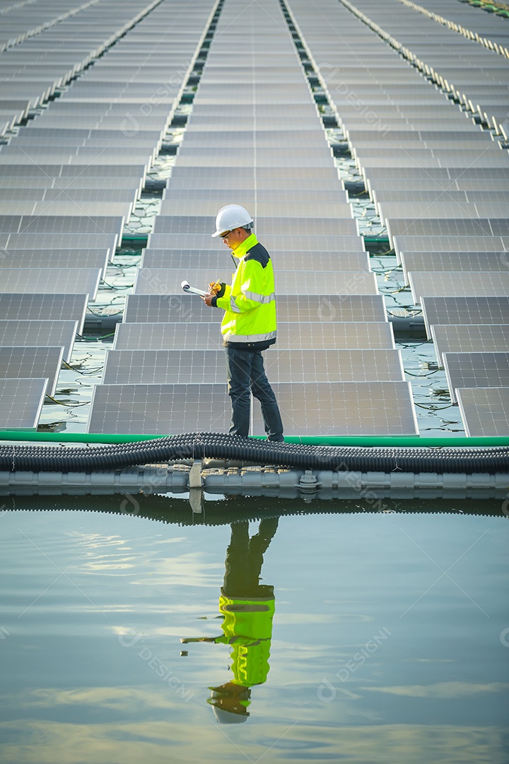 Retrato de engenheiro profissional trabalhando verificando o painel solar