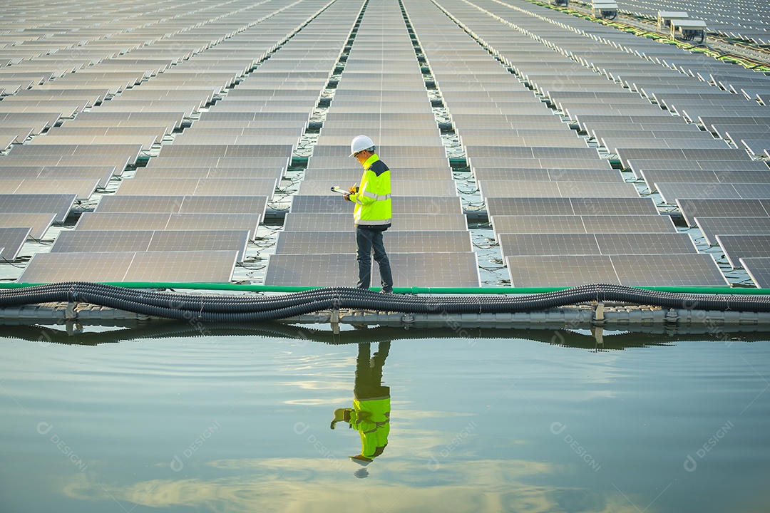 Retrato de engenheiro profissional trabalhando verificando o painel solar