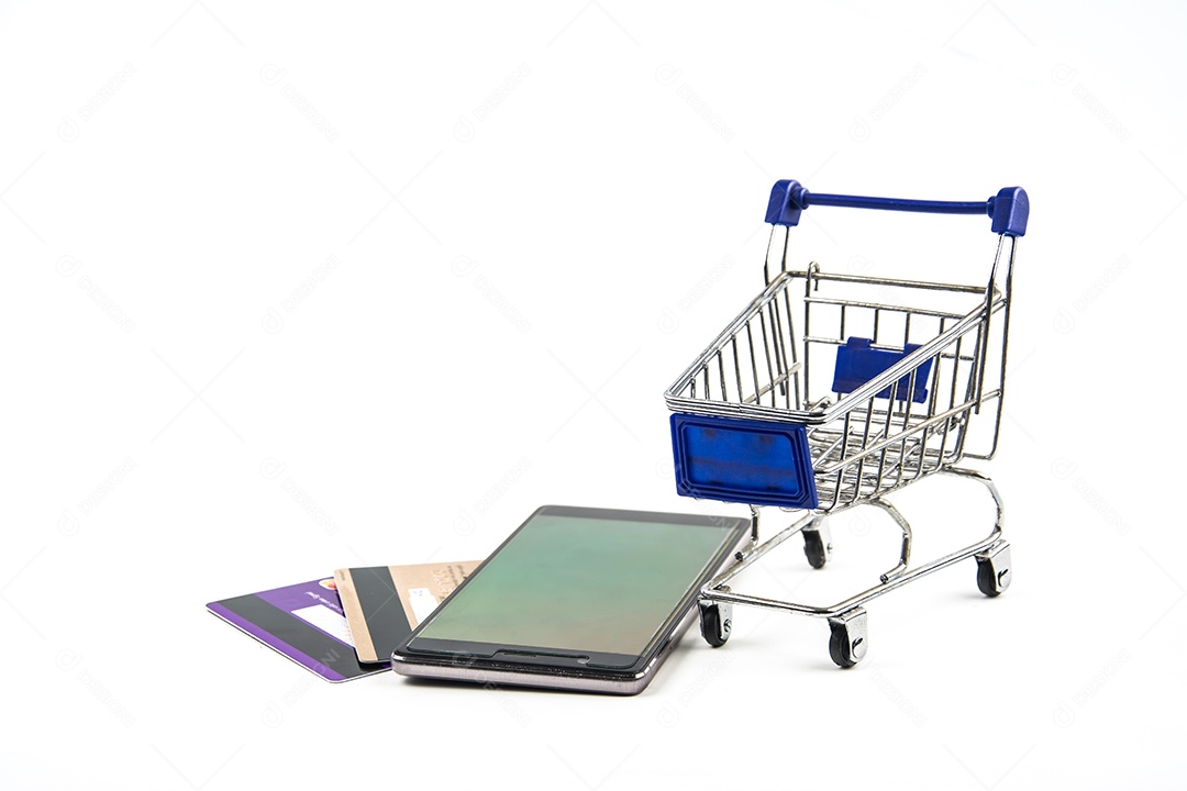carrinho de compras com tablet em background branco, significa fazer compras online