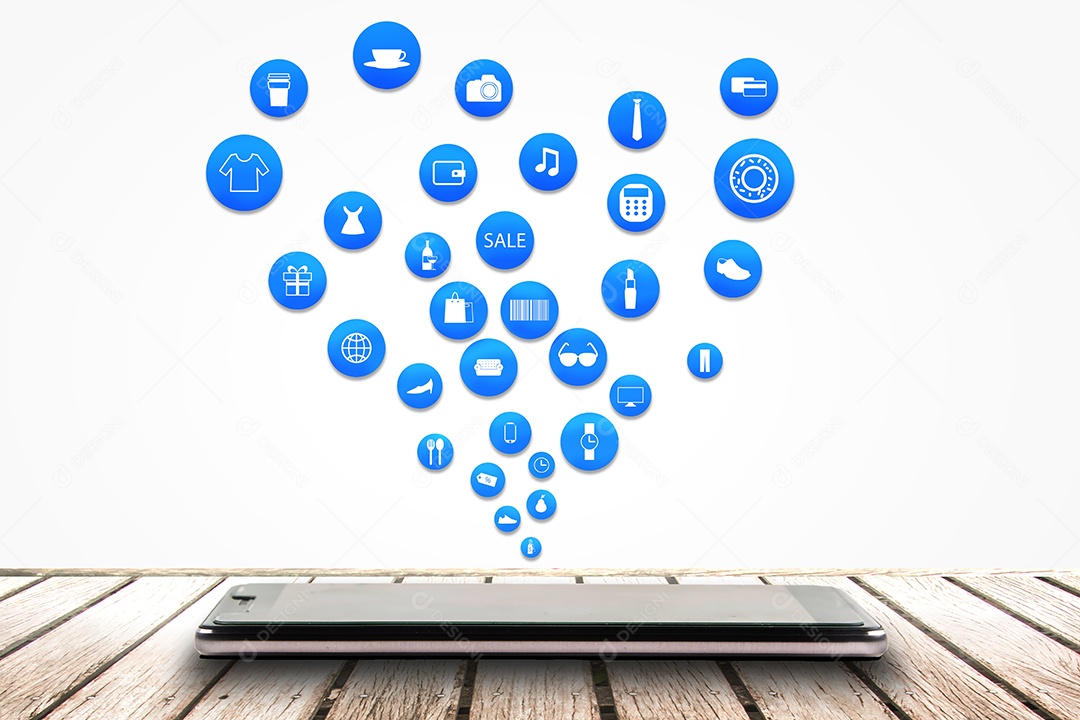 smartphone ou tablet em fundo branco com conjunto de ícones de compras