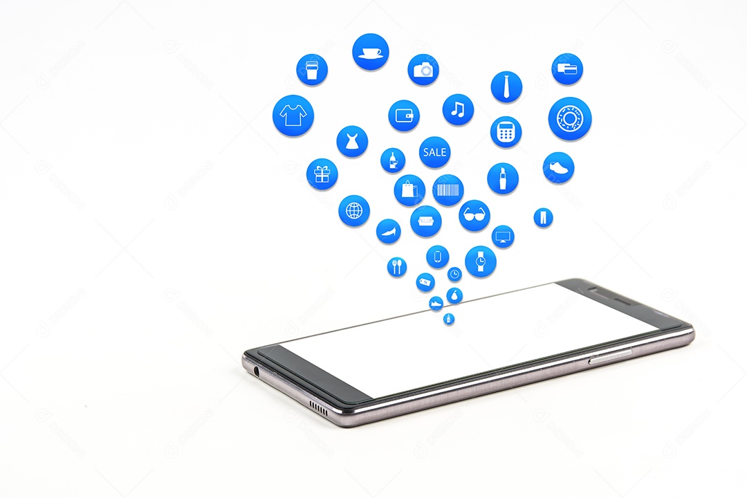 smartphone ou tablet em fundo branco com conjunto de ícones de compras