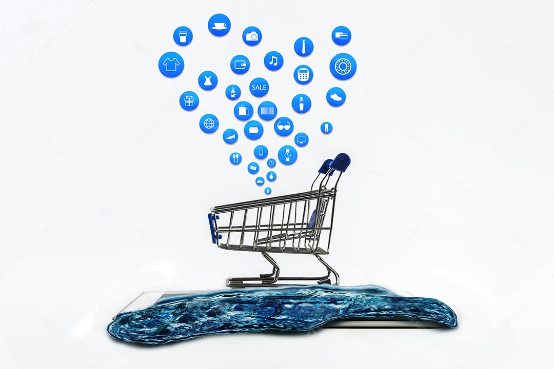 smartphone ou tablet em fundo branco com conjunto de ícones de compras