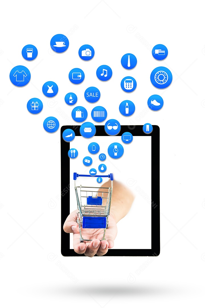 Carrinho de compras com ícone de compras em fundo branco, Koncept compras online