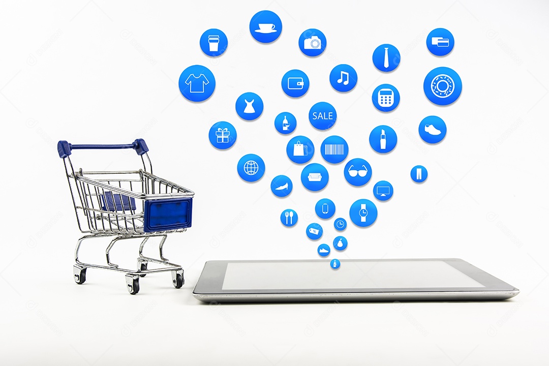 smartphone ou tablet em fundo branco com conjunto de ícones de compras