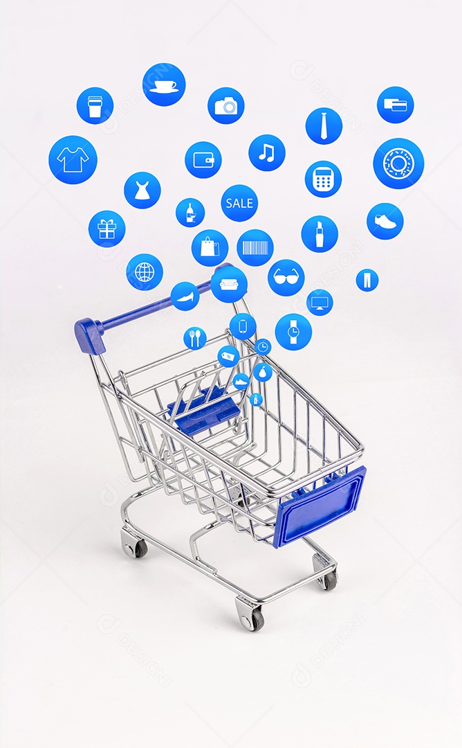 Carrinho de compras com ícone de compras em fundo branco, Koncept compras online