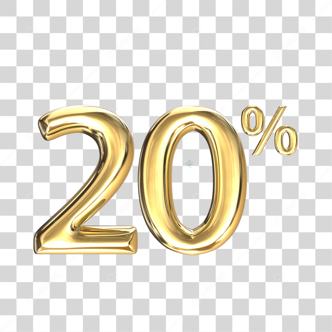Elemento 3D numero 20 % porcentagem dourado PNG