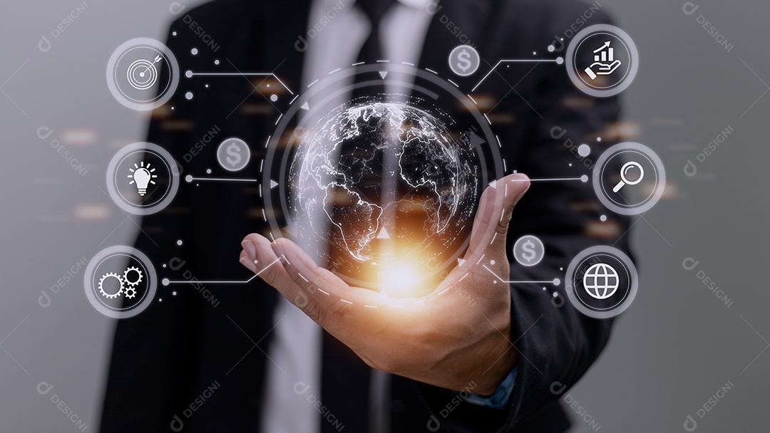 Empresário usando telefone móvel inteligente. Internet global de negócios