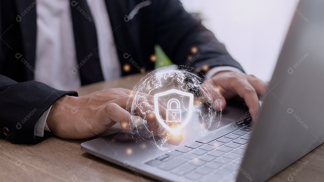 Internet de segurança cibernética e conceito de rede. Mão de empresário